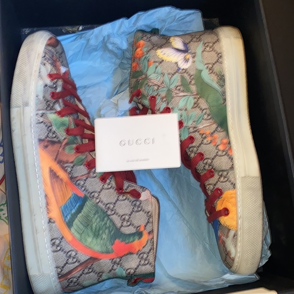 High top Gucci Shoes with Colorful Birds Printed and a metal tiger on the tongue - Picture 13 of 13